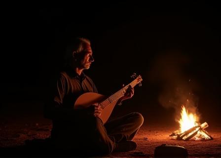 Musician playing the Oud in a desert camp