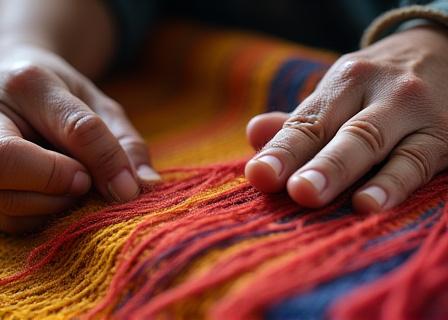 Hands weaving traditional vibrant desert textiles