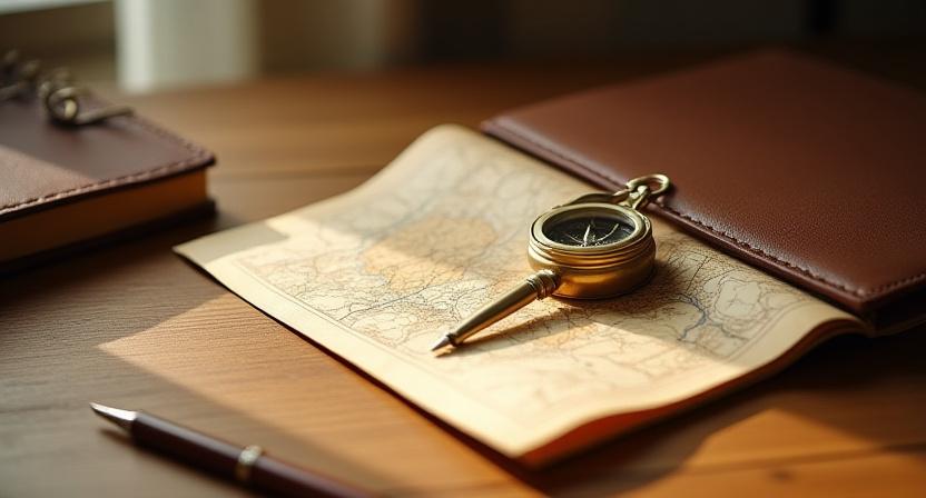 A desk with travel documents and a compass in soft focus